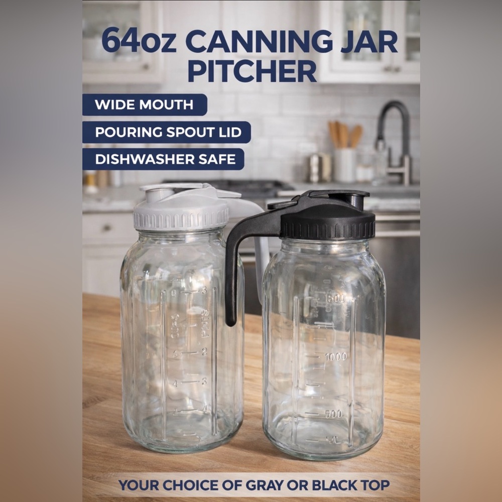 64oz Canning Jar Pitcher with Spout Lids New Without Box (Gray or Black Top)